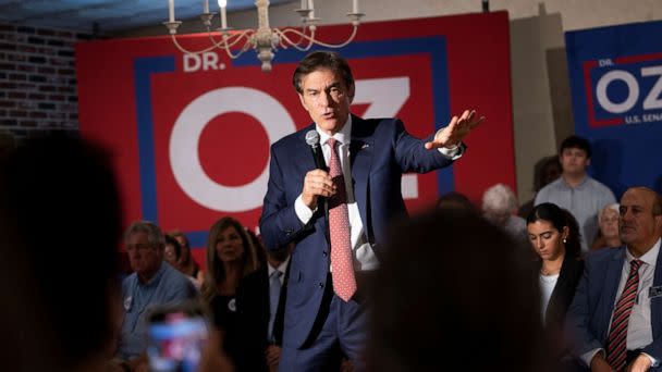 PHOTO: Mehmet Oz, a Republican candidate for U.S. Senate in Pennsylvania, speaks in Springfield, Pa., Sept. 8, 2022.  (Ryan Collerd/AP)