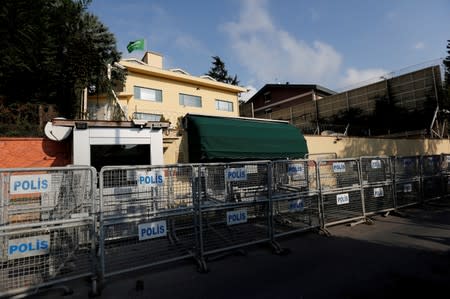 FILE PHOTO: Security barriers are seen outside the Saudi Arabia's consulate where the missing Saudi journalist Khashoggi was last seen, in Istanbul