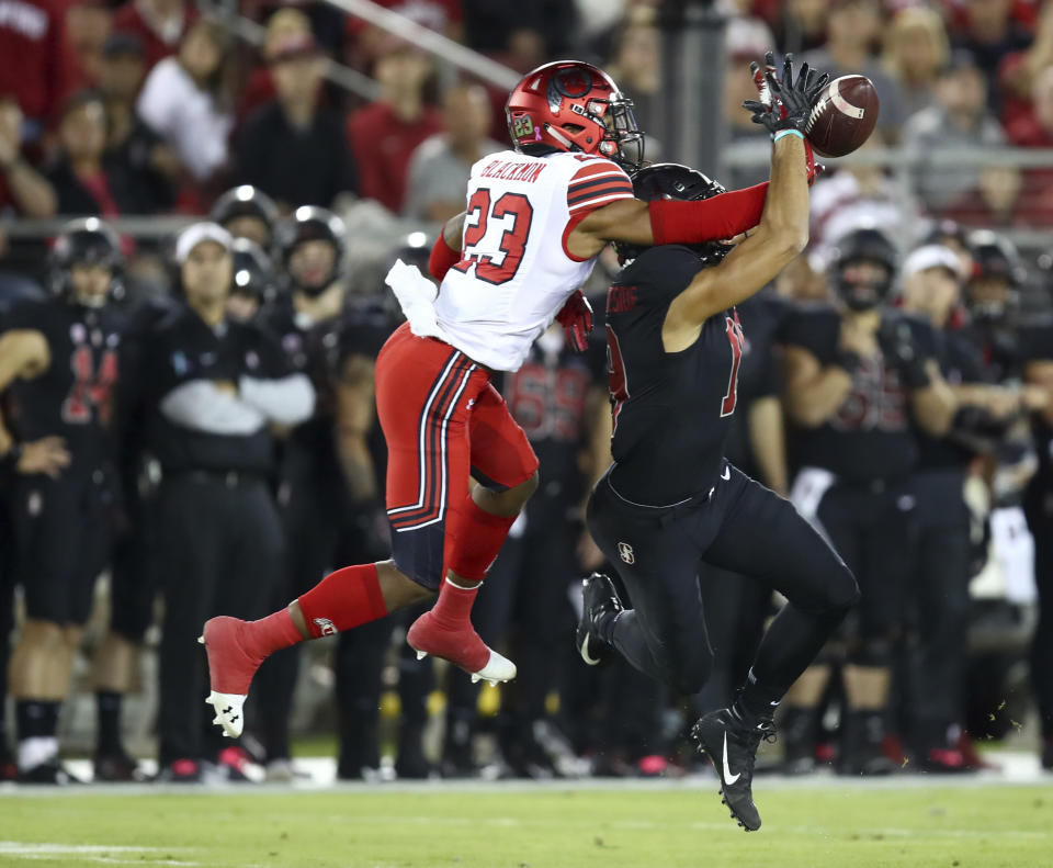 Utah's Julian Blackmon (23) breaks up a pass intended for Stanford's JJ Arcega-Whiteside during the first half of an NCAA college football game Saturday, Oct. 6, 2018, in Stanford, Calif. (AP Photo/Ben Margot)