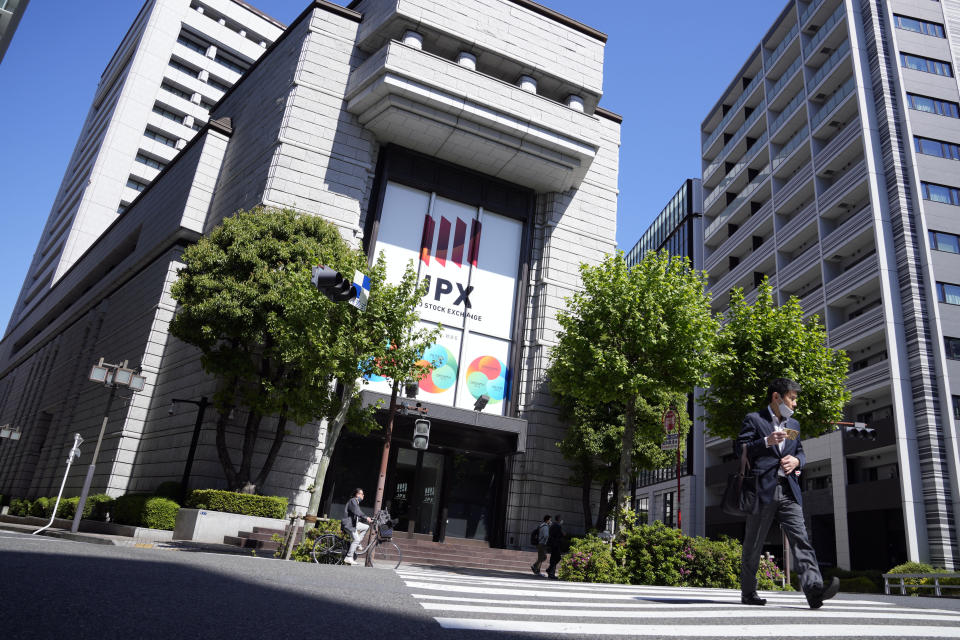 Tokyo Stock Exchange building is seen Thursday, April 27, 2023, in Tokyo. Shares advanced in Asia on Friday after Wall Street rallied to its best day since January. (AP Photo/Eugene Hoshiko)