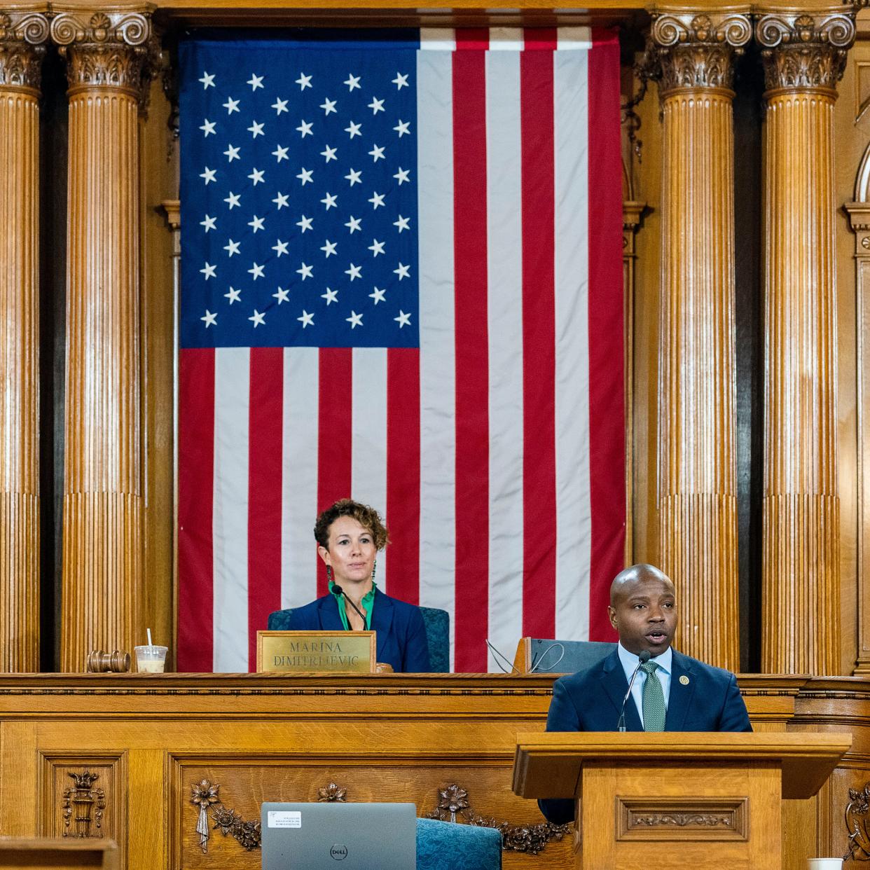 (Left) District 14 Alderwoman Marina Dimitrijevic listens to (right) Mayor Cavalier Johnson deliver his budget address to the members of the Milwaukee Common Council on Tuesday September 19, 2023 at Milwaukee City Hall in Milwaukee, Wis.