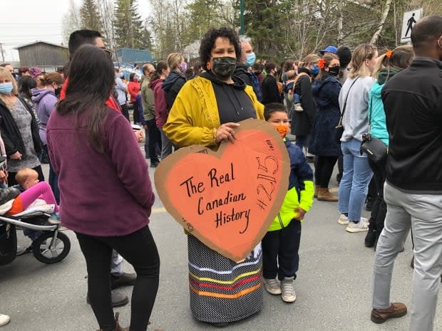 Jennifer Roberts was among the marchers in Yellowknife on Friday for the Dene Nation memorial march to honour the 215 children whose remains were discovered at a former residential school in Kamloops, British Columbia.