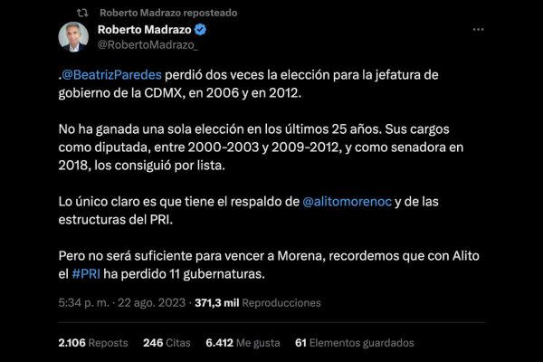 Roberto Madrazo Pintado pidió abiertamente a su compañera de partido declinar sus aspiraciones en favor de Gálvez.