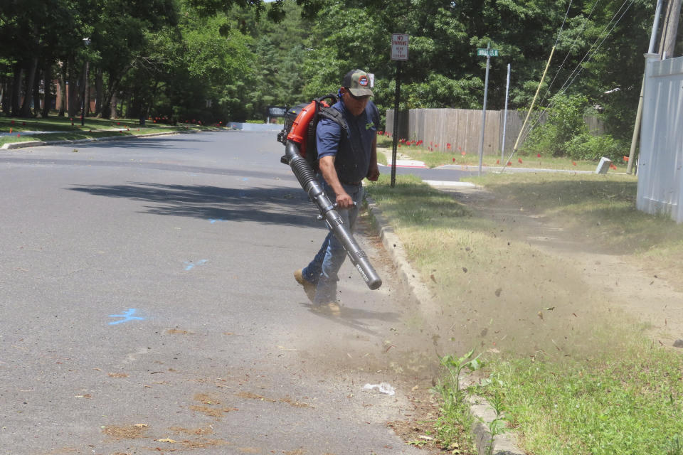 Antonio Espinoza, a supervisor with the Gras Lawn landscaping company, uses a gasoline-powered leaf blower to clean up around a housing development in Brick, N.J. on June 18, 2024. New Jersey is one of many states either considering or already having banned gasoline-powered leaf blowers on environmental and health grounds, but the landscaping industry says the battery-powered devices favored by environmentalists and some governments are costlier and less effective than the ones they currently use. (AP Photo/Wayne Parry)