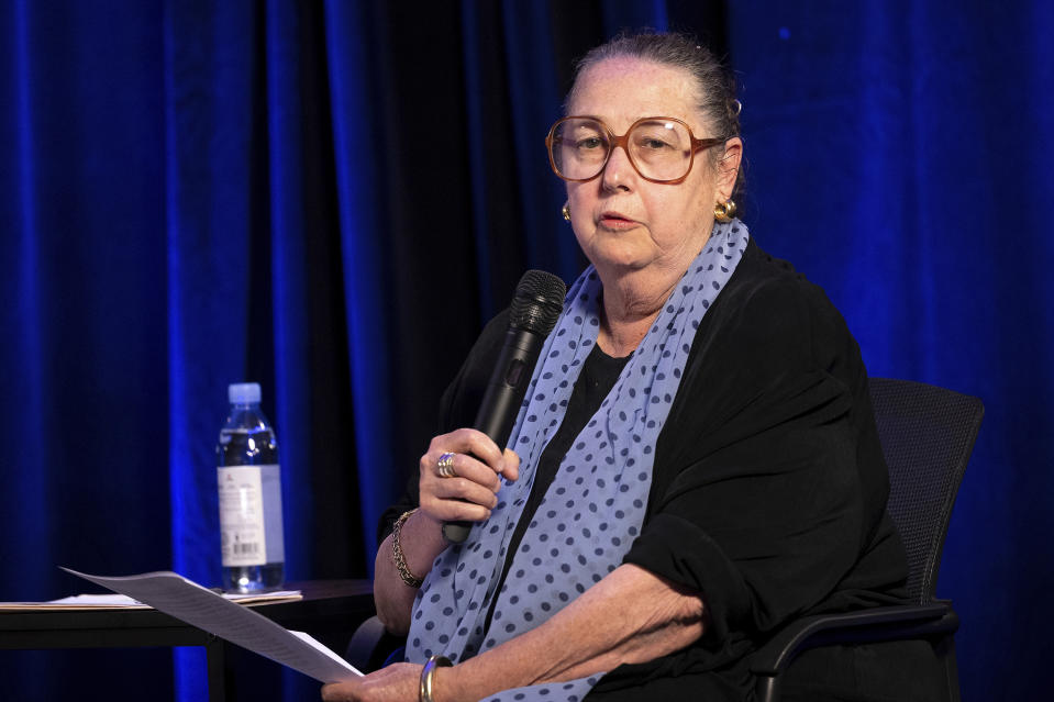 FILE - Unaffiliated candidate Betsy Johnson speaks during a gubernatorial debate hosted by Oregon Newspaper Publishers Association at Mount Hood Oregon Resort in Welches, Ore., July 29, 2022. Oregon is typically known as a bastion of west coast liberalism, where Democrats are easily elected and a Republican hasn’t served as governor since the 1980s. But with an unusually competitive three-way contest this fall, Democrats’ candidate doesn’t seem so assured of winning. (Jaime Valdez/Pamplin Media Group via AP, Pool, File)