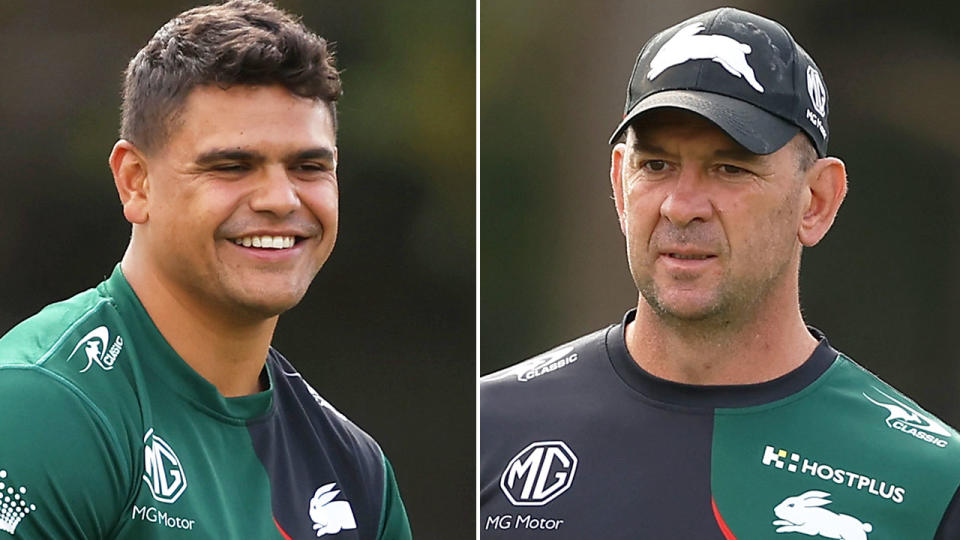 Pictured left to right, Latrell Mitchell and Rabbitohs coach Jason Demetriou.