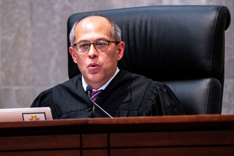 Iowa Supreme Court Justice Christopher McDonald speaks during oral arguments for the lawsuit challenging Iowa's 2023 law banning most abortions at 6 weeks at the Iowa Supreme Court on Thursday, April 11, 2024, in Des Moines.