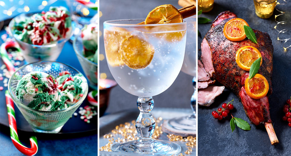 Asda's Christmas offering: (from left) elf ice cream, winter spice gin & tonic, leg of lamb with smoky mint and redcurrant.