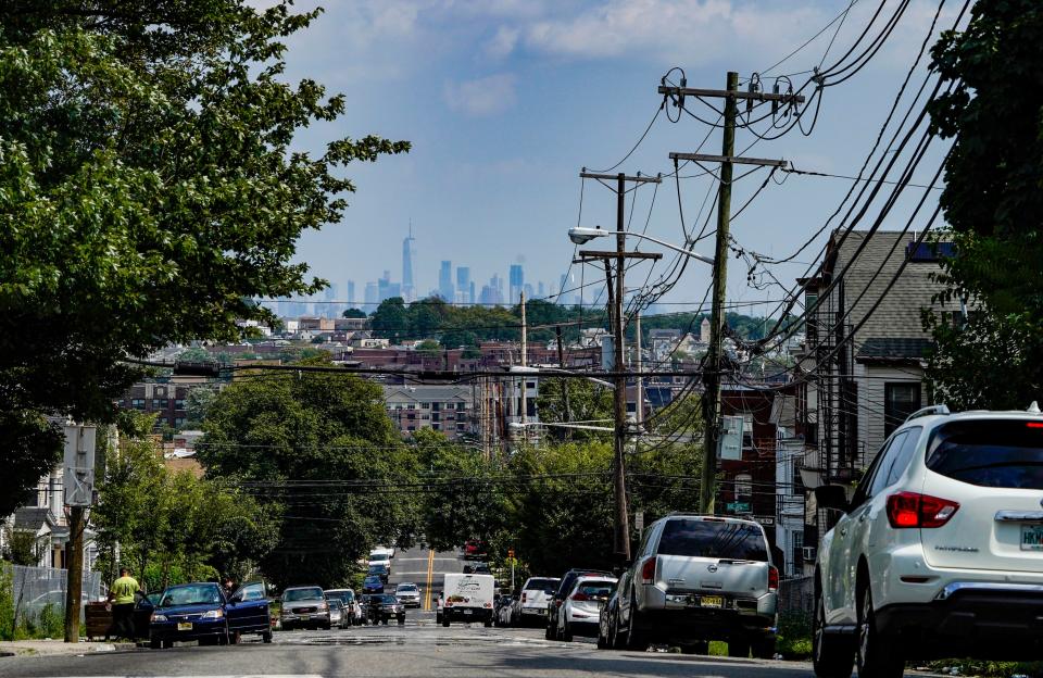 The New York City skyline seen from a neighborhood in East Orange, N.J. In Essex County, the communities with the highest cases of COVID-19 are populated by more Black and brown people than by white Americans.