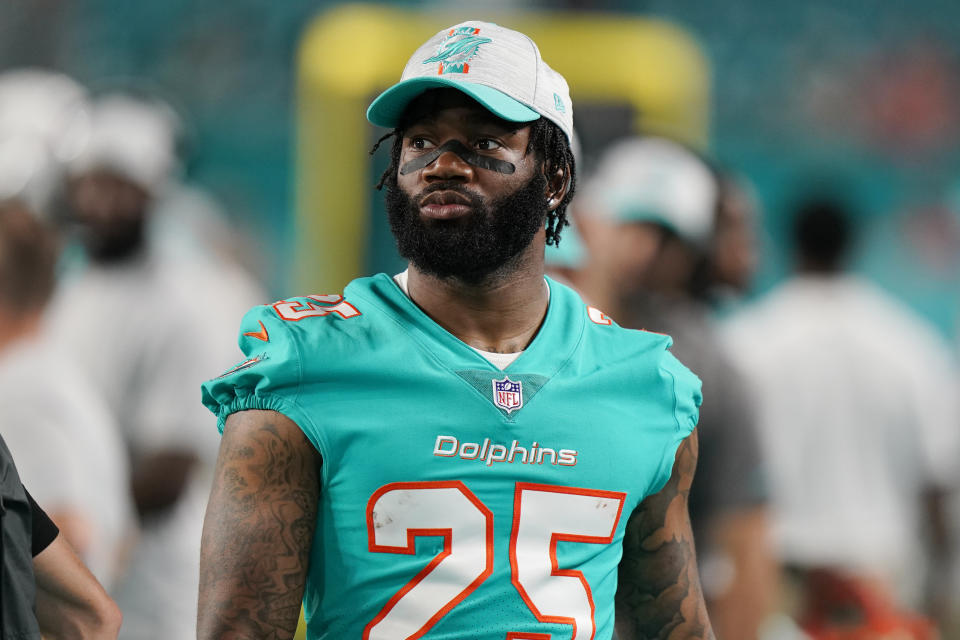 FILE - Miami Dolphins cornerback Xavien Howard (25) walks the sidelines during the second half of a NFL preseason football game against the Atlanta Falcons in Miami Gardens, Fla., in this Saturday, Aug. 21, 2021, file photo. “The sky is the limit for us,” All-Pro cornerback Xavien Howard says. "I see a lot of great things going on." (AP Photo/Wilfredo Lee, File)