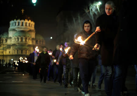 Members and supporters of several nationalist organizations take part in a march in commemoration of Bulgarian General Hristo Lukov in Sofia, Bulgaria, February 17, 2018. REUTERS/Dimitar Kyosemarliev