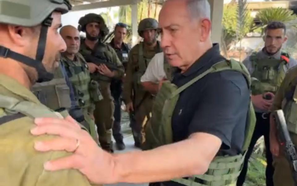 Benjamin Netanyahu Twitter post: With our fighters in the Gaza Strip, on the front line. We are all ready. (Photo: Avi Ohion, L.A.M.) Source: https://x.com/netanyahu/status/1713202021078094240?s=20