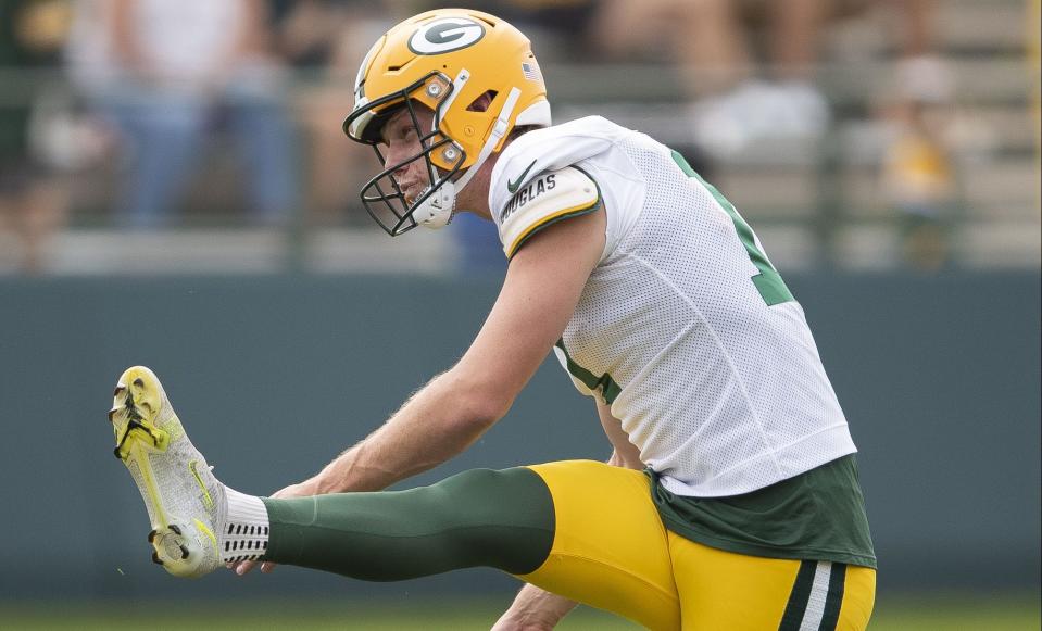 Aug 1, 2023; Green Bay, WI, USA; Green Bay Packers place kicker Anders Carlson (17) follows through on a kick during practice on Tuesday, August 1, 2023, at Ray Nitschke Field in Green Bay, Wis. Mandatory Credit: Tork Mason-USA TODAY Sports