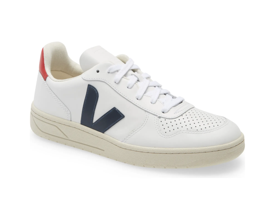 white, navy blue, and red veja v-10 sneakers with white leather and white laces