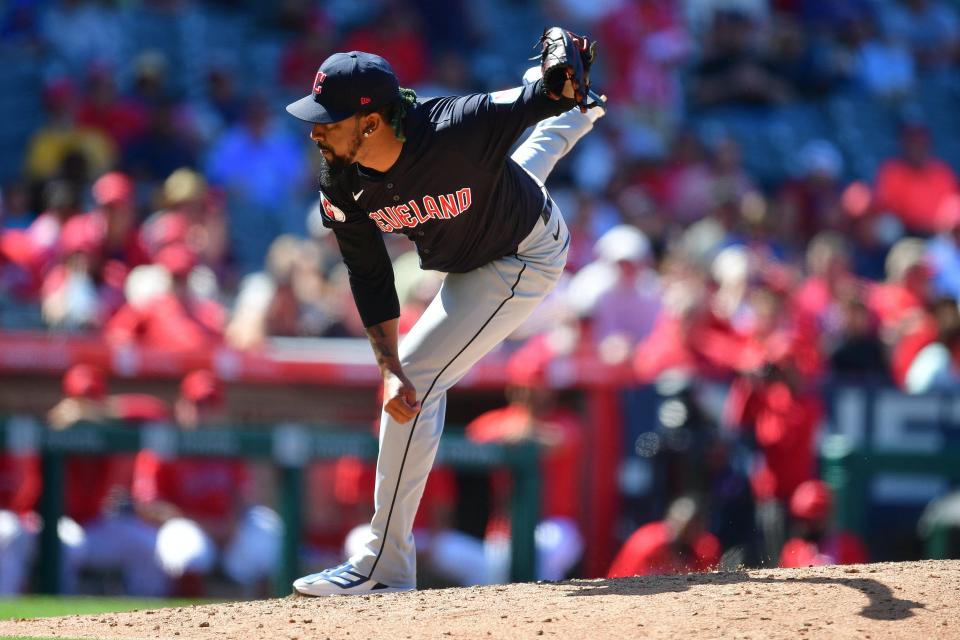 Guardians closer Emmanuel Clase throws against the Angels during the ninth inning, May 26, 2024, in Anaheim.