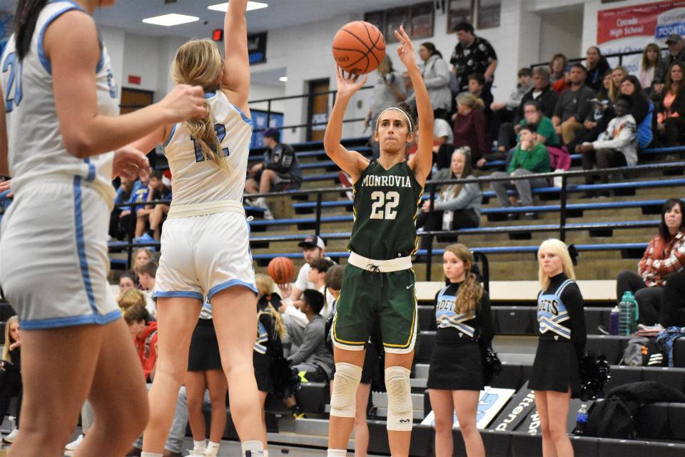 Monrovia's Joslyn Young (22) takes a jump shot during the Bulldogs' rivalry matchup with Cascade on Dec. 13, 2022.