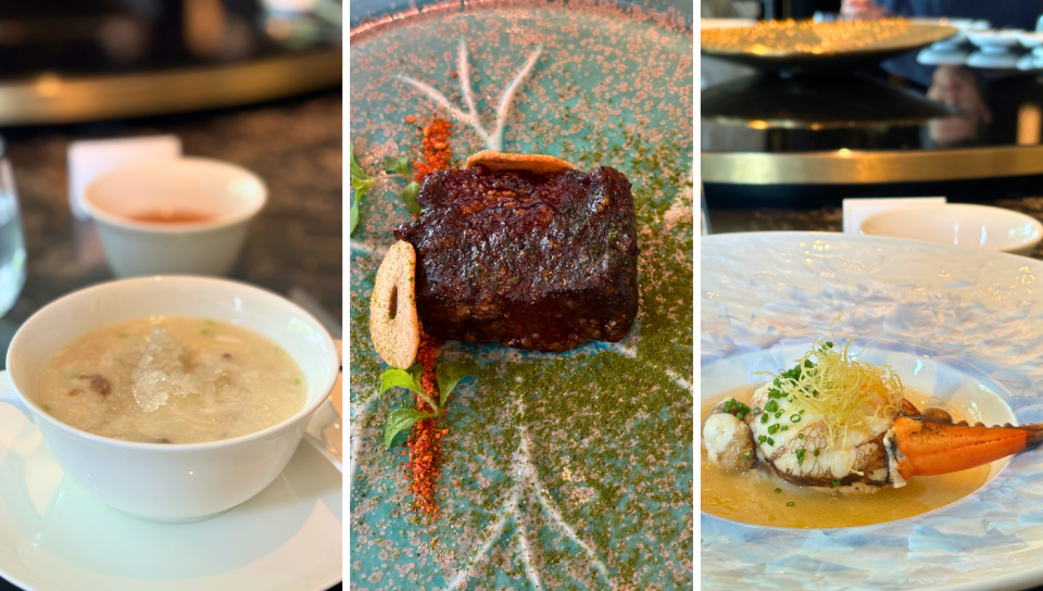 L to R: Traditional ShunDe Fish Soup served with Croaker & Bird’s
Nest, Gu Yue Long Shan Hua Diao Chinese Wine Steamed Crab Claw with Egg White &
Guangdong Sihui Style Rice Noodles