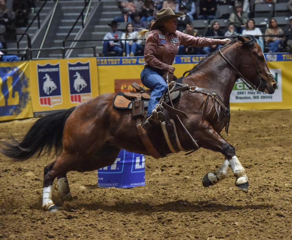 Barrel racing is seen in this file photo at the Dixie National Rodeo at the State Fairgrounds in Jackson on Sunday, Feb. 12, 2023.