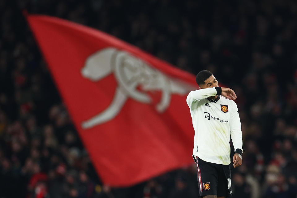 LONDON, ENGLAND - JANUARY 22: Marcus Rashford of Manchester United reacts after Eddie Nketiah of Arsenal (not pictured) scored their sides third goal during the Premier League match between Arsenal FC and Manchester United at Emirates Stadium on January 22, 2023 in London, England. (Photo by Catherine Ivill/Getty Images)