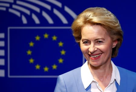 FILE PHOTO: German Defense Minister von der Leyen briefs the media at the EU Parliament in Brussels