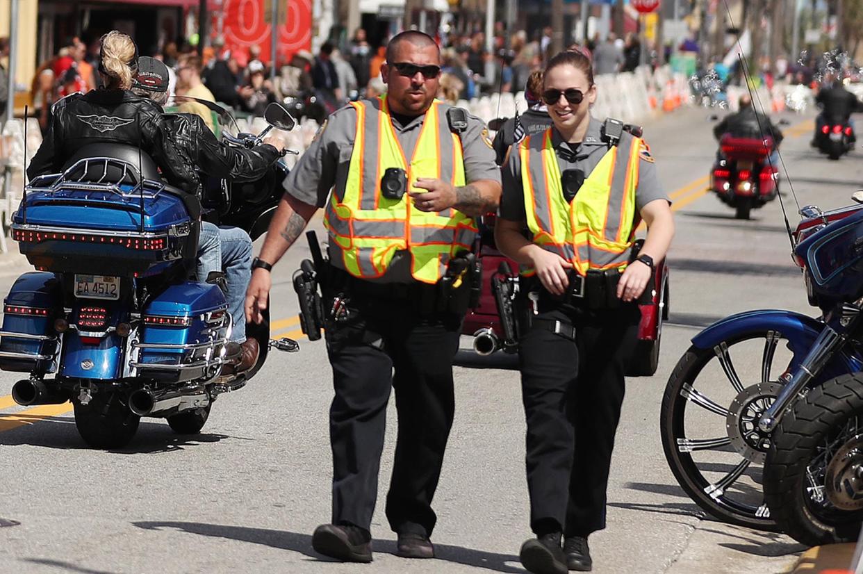 Law enforcement officers patrol during Bike Week in Daytona Beach on Monday, March 8, 2021. (Stephen M. Dowell/Orlando Sentinel)