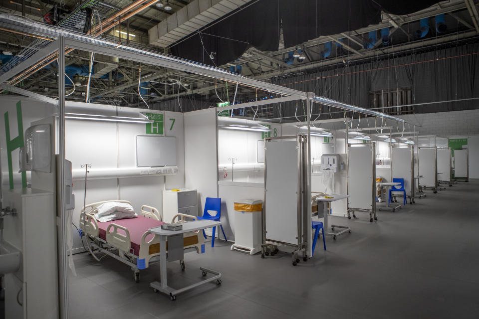 Patient bays after the completion of the construction of the NHS Louisa Jordan hospital, built at the SEC Centre in Glasgow, to care for coronavirus patients.