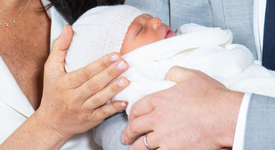 Baby Sussex wore a traditional heritage blanket for the photo call. [Photo: Getty]