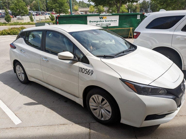 A Nissan Leaf electric vehicle parked outside the Health Department in Sioux Falls. The Leaf is the city’s first all-electric vehicle.