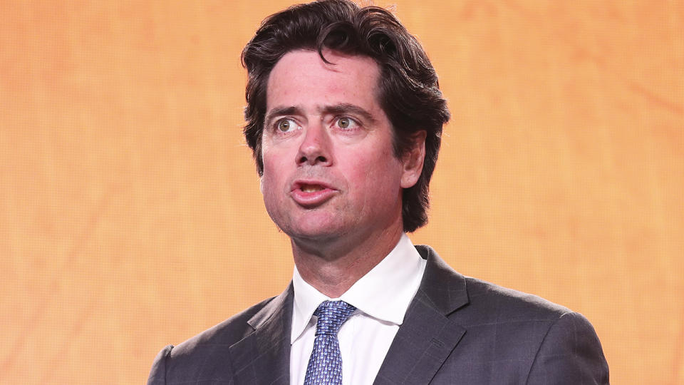 AFL chief Gillon McLachlan copped some gentle mockery for a lengthy speech he gave before the draft. (Photo by Michael Willson/AFL Photos via Getty Images)