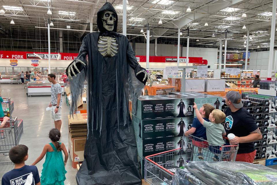 A 10-foot-tall animated reaper skeleton Halloween decoration is for sale at a Costco Wholesale store in Leesburg, Virginia, on July 16, 2023.