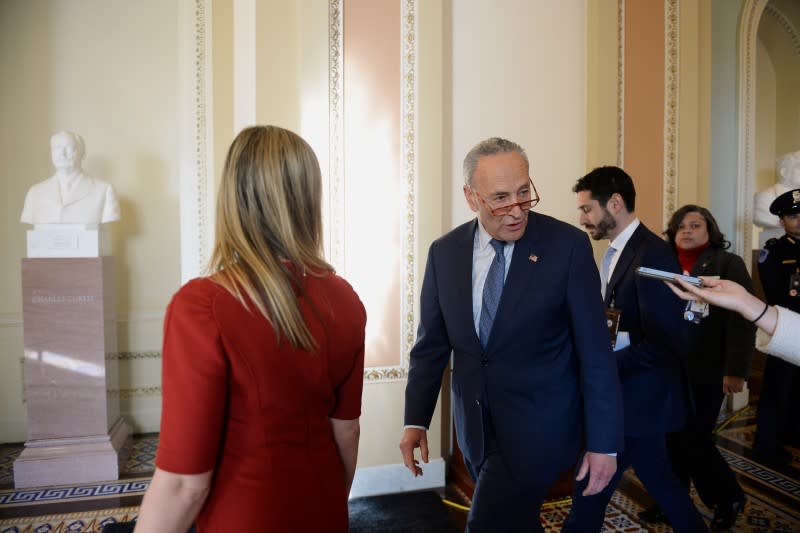 Sen. Chuck Schumer (D-NY) speaks to media during a brief recess of the Senate impeachment trial of U.S. President Trump in Washington