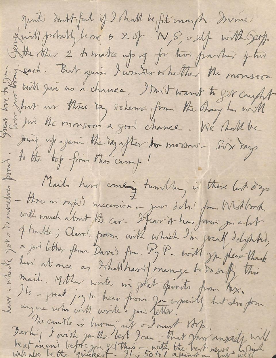 This is an undated photo provided by Magdalene College Cambridge on Monday, April 22, 2024 of part of the final letter that mountaineer George Mallory wrote to his wife before he vanished on Mount Everest a century ago. The letter has been digitalized. The letter was published on Monday by Mallory's Cambridge University college. In it, he tried to ease her worries though he said his chances of reaching the world’s highest peak were “50 to 1 against us.” (Reproduced with Permission of the Master and Fellows of Magdalene College, Cambridge via AP)