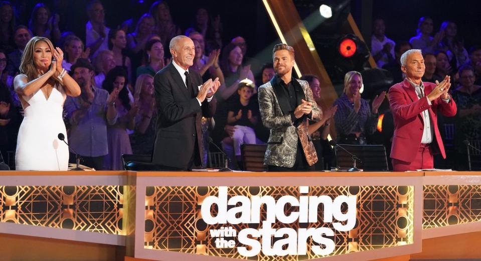 DANCING WITH THE STARS, from left: Carrie Ann Inaba, Len Goodman, Derek Hough, Bruno Tonioli, 'Premiere Night Party', (Season 31, ep. 3101, aired Sept. 19, 2022). ph: Eric McCandless / ©Disney+/ Courtesy Everett Collection