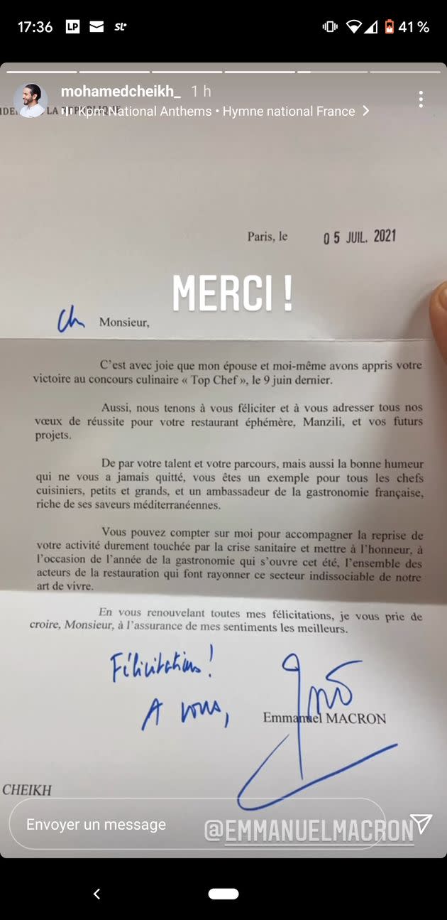 Lettre de félicitations d'Emmanuel Macron à Mohamed Cheikh (Photo: Instagram)