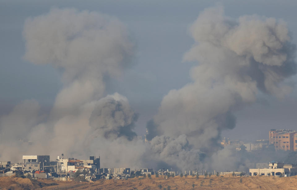 Smoke from an explosion rises in Gaza, after a temporary truce between Israel and the Palestinian Islamist group Hamas expired, as seen from southern Israel, December 3, 2023. REUTERS/Alexander Ermochenko