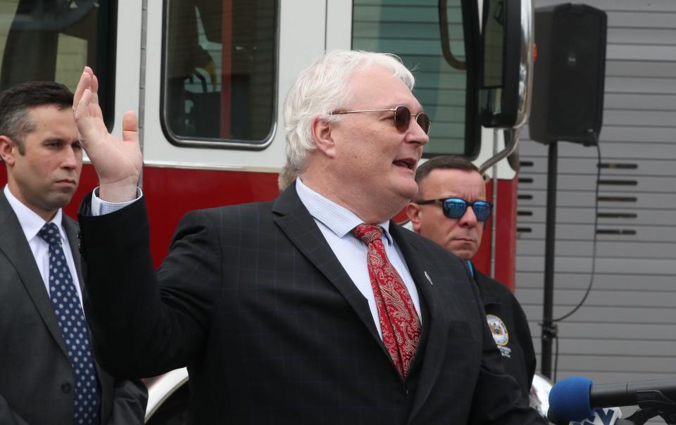 Rockland County Attorney Thomas Humbach speaks about several fire safety bills supported by several elected officials in a bipartisan effort at the Rockland County Fire Training Center in Pomona March 15, 2024.