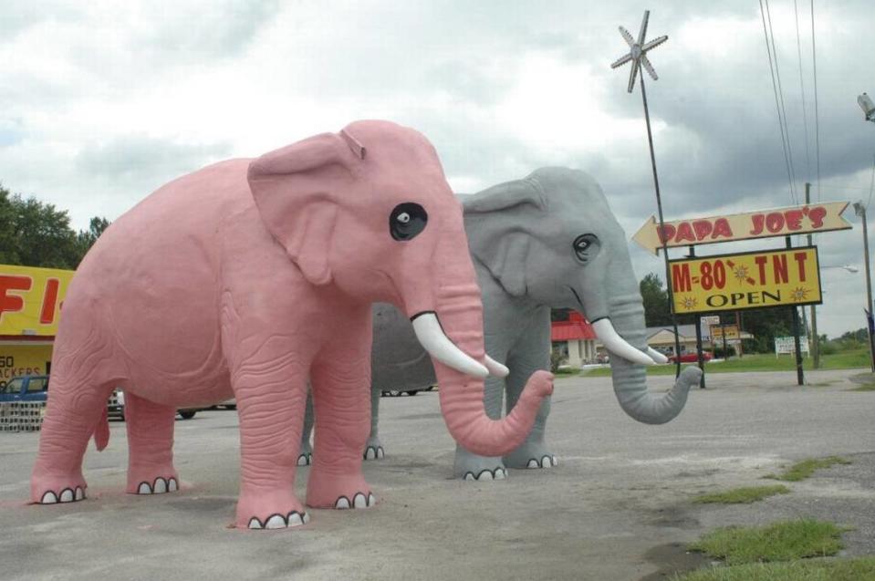“Al and Lizzie,” an iconic pair of life-size elephant statues, were recently relocated from Papa Joe’s Fireworks down the street to Crazy Joe’s Fireworks in Hardeeville. The small herd makes for a popular roadside tourist destination.