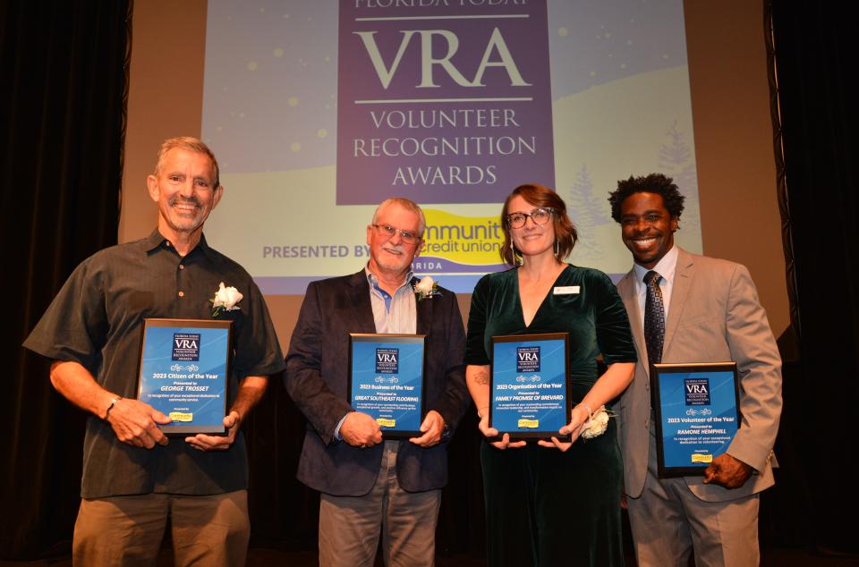 VRA Winners were George Trosset, Citizen of the Year; Nelson Green of Great Southeast Flooring, Business of the Year; Tara Pagliarini with Family Promise of Brevard, Organization of the Year; and Ramone Hemphill, Volunteer of the Year. Florida Today held the Volunteer Recognition Awards Ceremony at the Eastern Florida State College Cocoa campus Thursday night.
(Credit: MALCOLM DENEMARK/FLORIDA TODAY)