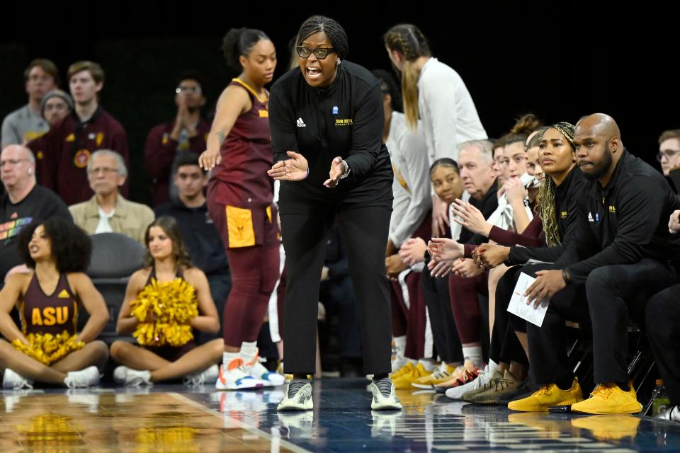 Arizona State's head coach Natasha Adair calls out to her team during the second half of an NCAA college basketball game against UCLA in the first round of the Pac-12 women's tournament on Wednesday, March 1, 2023, in Las Vegas.