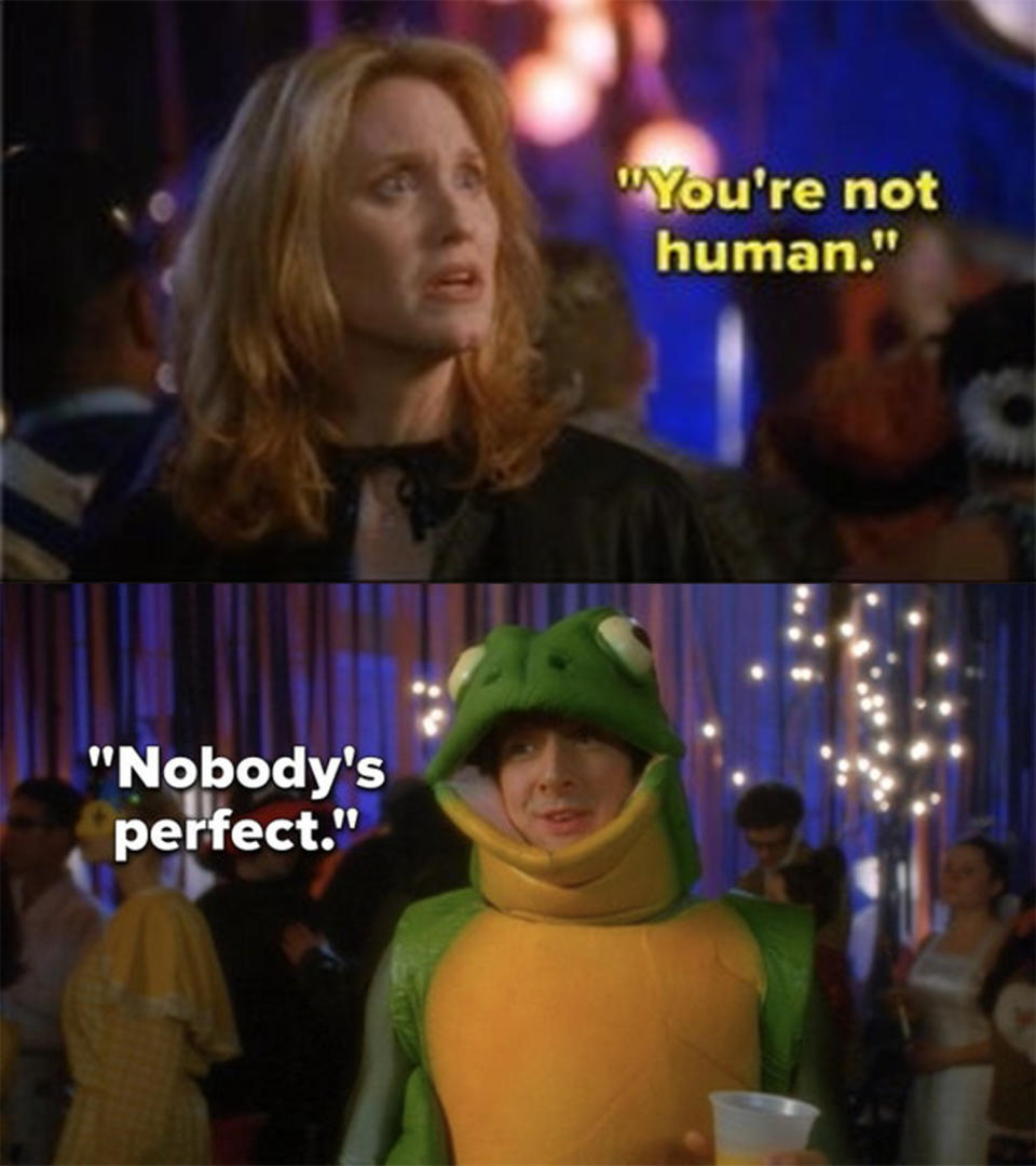 Top: Judith Hoag as Gwen Piper discovers that her date is a golem and expresses disbelief in "Halloweentown II: Kalabar's Revenge" Bottom: Peter Wingfield as Alex, dressed as a frog, acquiesces to Gwen's statement in "Halloweentown II: Kalabar's Revenge"