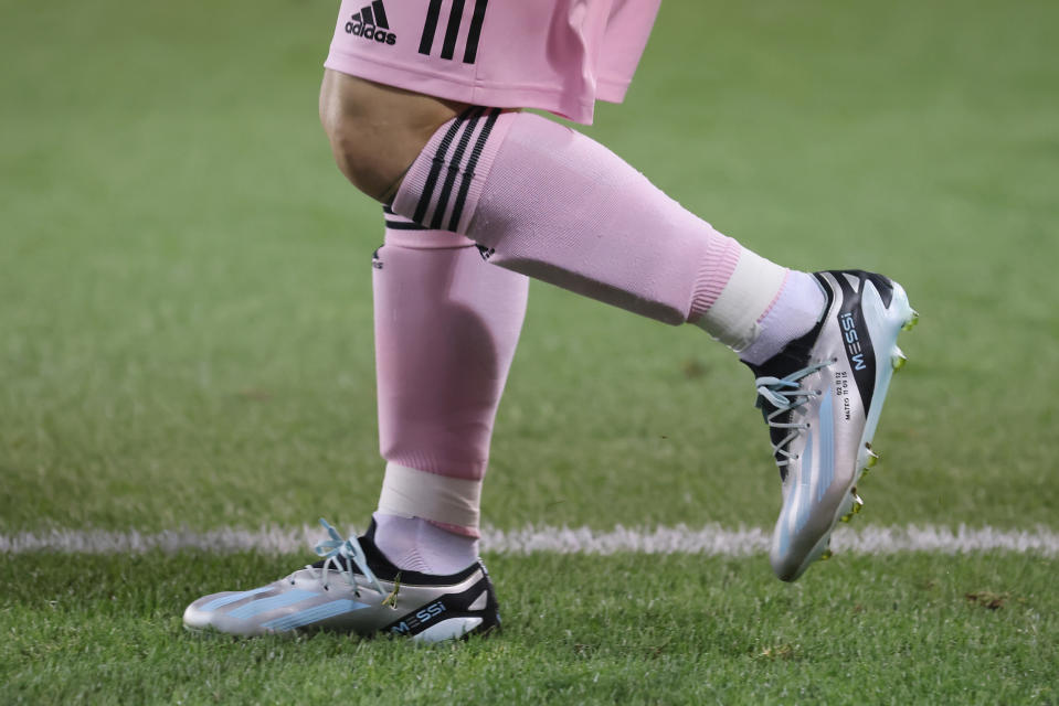 HARRISON, NEW JERSEY - AUGUST 26: A close-up view of the shoes worn by Lionel Messi #10 of Inter Miami during the game against the New York Red Bulls at Red Bull Arena on August 26, 2023 in Harrison, New Jersey. (Photo by Bruce Bennett/Getty Images)