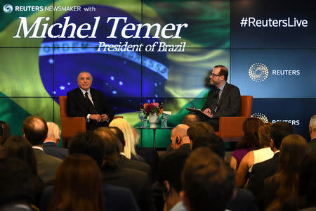 Brazilian President Michel Temer speaks with Reuters Editor-in-Chief Steve Adler about the future of Latin America's largest economy as it emerges from recession and a large-scale corruption scandal at a Reuters Newsmaker event in Manhattan, New York City, U.S. September 20, 2017. REUTERS/Darren Ornitz