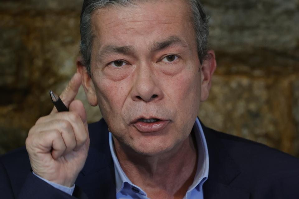 Gerardo Blyde, of the Delegation of the Unitary Platform for Negotiation, speaks during a press conference the day after the Supreme Court ratified the disqualification of opposition presidential candidate María Corina Machado, in Caracas, Venezuela, Saturday, Jan. 27, 2024. (AP Photo/Jesus Vargas)