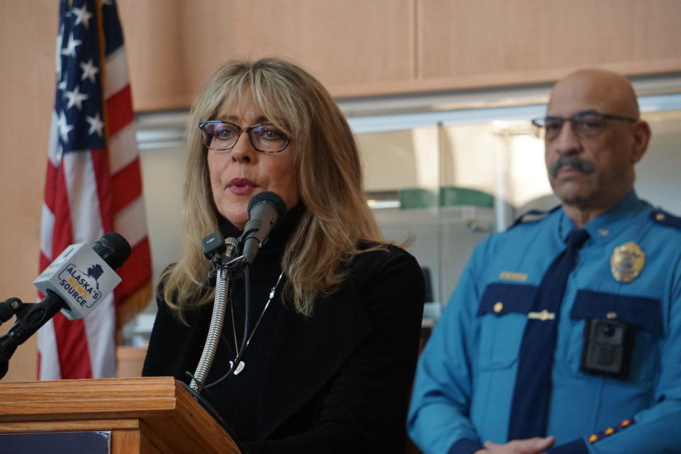 Karen Malcolm-Smith, whose son died of an opioid overdose in 2017, speaks at a May 6, 2024, news conference about a fentanyl awareness. The news conference was held at the state's crime laboratory in Anchorage. (Photo by Yereth Rosen/Alaska Beacon)