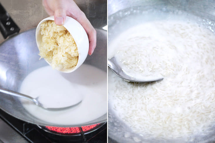 Keep stirring until the grains of sticky rice have absorbed all of the coconut cream.