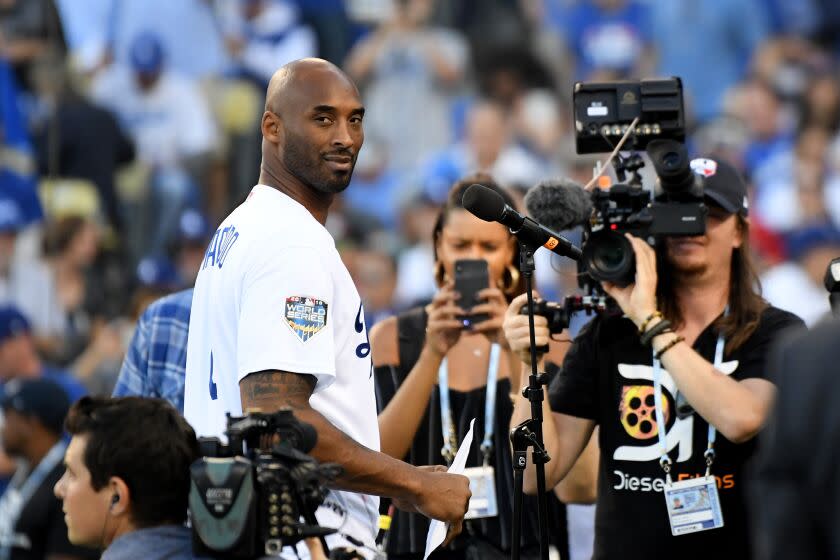 Kobe Bryant attends Game Four of the 2018 World Series between the Boston Red Sox and the Dodgers at Dodger Stadium