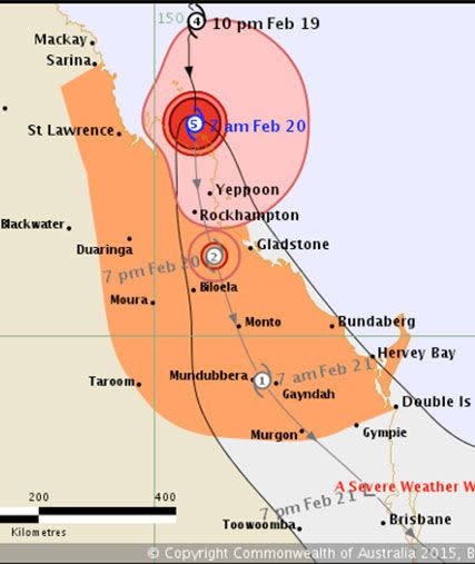 BOM Qld advises the core of the destructive storm has started to impact the Capricorn coast near Shoalwater Bay. Photo: BOM Qld