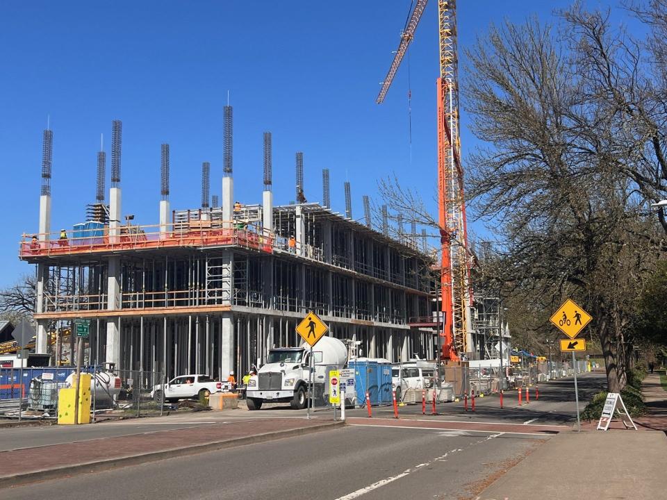 The skeleton of the newest scientific research facilities at the University of Oregon is under construction with an expected conclusion in spring of 2026. This will be the second building of the Phil and Penny Knight Campus for Accelerating Scientific Impact.