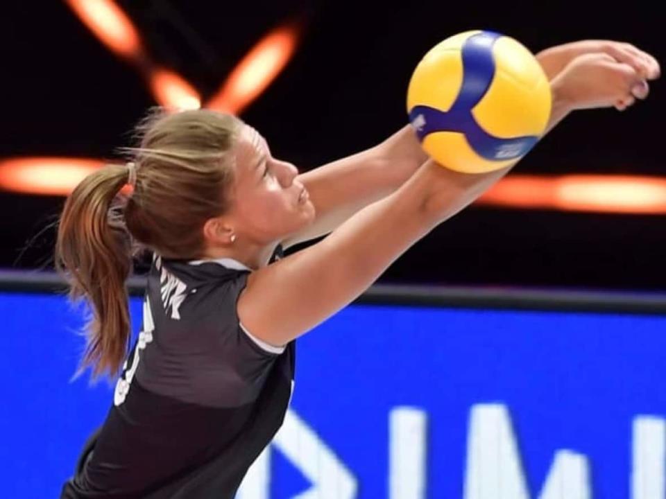 Kiera Van Ryk, of Surrey, B.C., seen above in a previous game, had 14 points in Canada's 3-1 defeat to Poland (20-25, 25-22, 25-23, 25-20) in FIVB Volleyball Nations League (VNL) action on Wednesday. (Volleyball World - image credit)