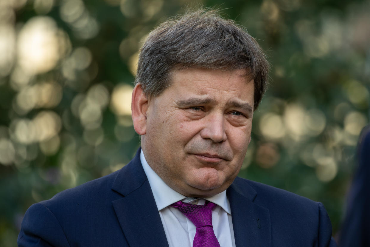 Andrew Bridgen, Conservative MP for North West Leicestershire, is interviewed on College Green about the Conservative leadership contest on 24 October 2022 in London, United Kingdom. Rishi Sunak had just become leader of the Conservatives without a vote being cast following the withdrawal from the contest of Penny Mordaunt after she narrowly failed to attract the required 100 nominations from Conservative MPs. (photo by Mark Kerrison/In Pictures via Getty Images)